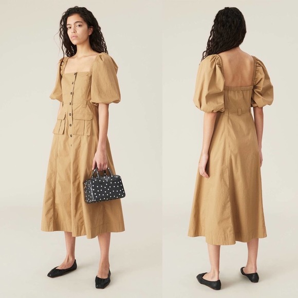 Ganni Dresses & Skirts - Ganni Cotton-blend Ripstop Midi Beige Dress Size 34
